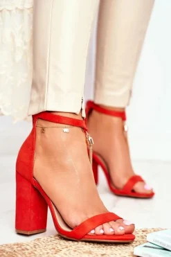 Hot Pomarańczowe Zamszowe Sandałki na Słupku z Frędzlem Annick Damskie Sandały Na Obcasie