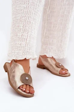 Sandały Z Cholewką|Sandały Płaskie>Damskie buty S.Barski Połyskujące Sandały Damskie Ozdobnym Detalem S.Barski KV51-012 Różowe Złoto Złoty