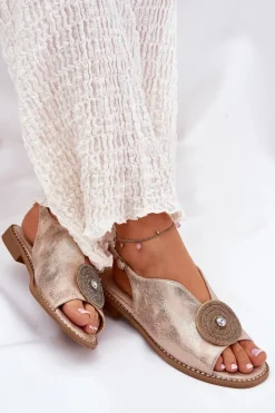 Sandały Z Cholewką|Sandały Płaskie></noscript>Damskie buty S.Barski Połyskujące Sandały Damskie Ozdobnym Detalem S.Barski KV51-012 Różowe Złoto Złoty