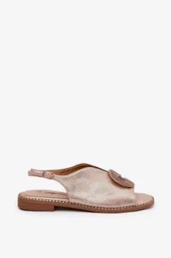 Sandały Z Cholewką|Sandały Płaskie></noscript>Damskie buty S.Barski Połyskujące Sandały Damskie Ozdobnym Detalem S.Barski KV51-012 Różowe Złoto Złoty