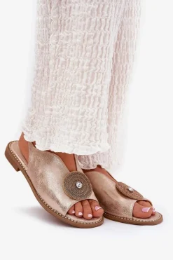 Sandały Z Cholewką|Sandały Płaskie></noscript>Damskie buty S.Barski Połyskujące Sandały Damskie Ozdobnym Detalem S.Barski KV51-012 Różowe Złoto Złoty