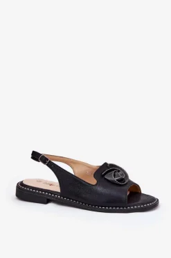 Sandały Płaskie></noscript>Damskie buty S.Barski Połyskujące Sandały Damskie Z Ozdobą S.Barski KV51-006 Czarne Czarny