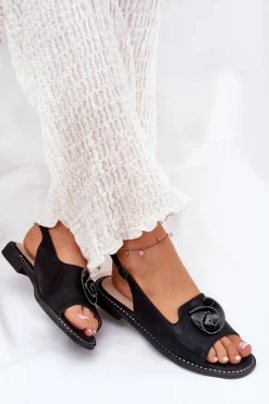 Sandały Płaskie></noscript>Damskie buty S.Barski Połyskujące Sandały Damskie Z Ozdobą S.Barski KV51-006 Czarne Czarny