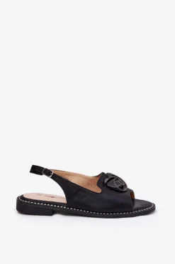 Sandały Płaskie></noscript>Damskie buty S.Barski Połyskujące Sandały Damskie Z Ozdobą S.Barski KV51-006 Czarne Czarny