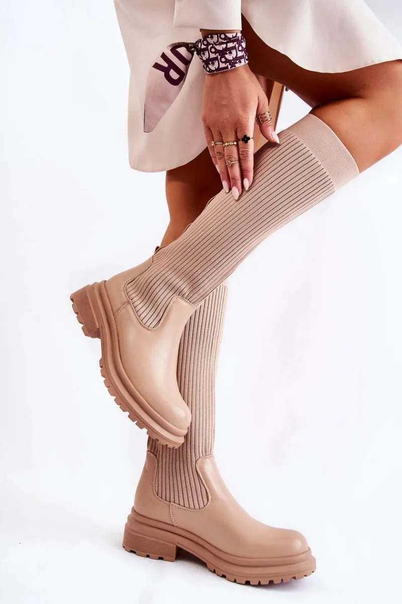 Kozaki Płaskie|Kozaki Przed Kolano>Boto Prążkowane Damskie Kozaki Na Płaskim Obcasie Beżowe Allys