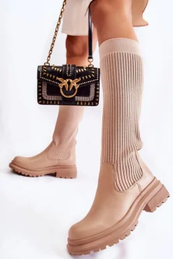 Kozaki Płaskie|Kozaki Przed Kolano>Boto Prążkowane Damskie Kozaki Na Płaskim Obcasie Beżowe Allys