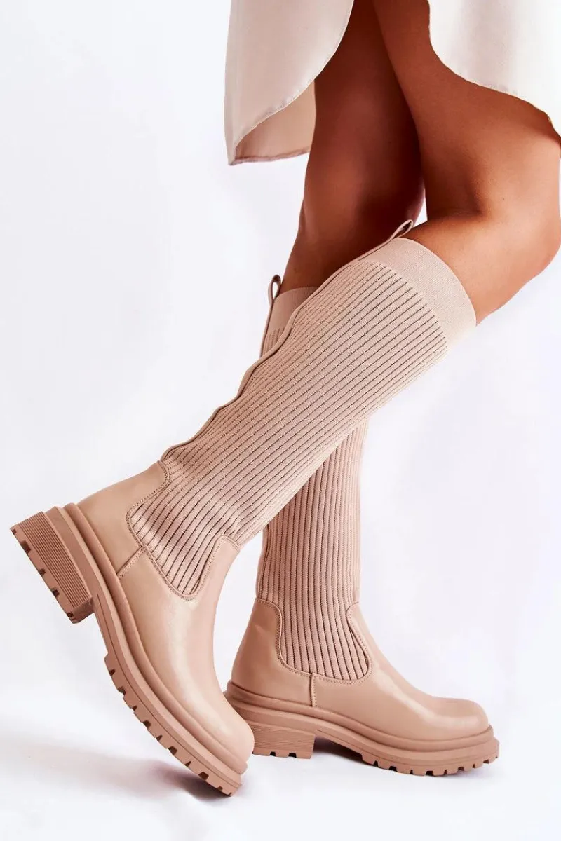 Kozaki Płaskie|Kozaki Przed Kolano>Boto Prążkowane Damskie Kozaki Na Płaskim Obcasie Beżowe Allys