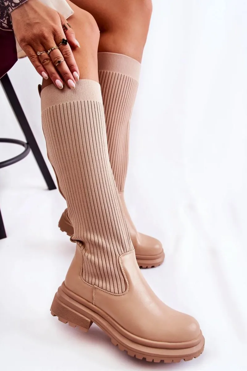 Kozaki Płaskie|Kozaki Przed Kolano>Boto Prążkowane Damskie Kozaki Na Płaskim Obcasie Beżowe Allys