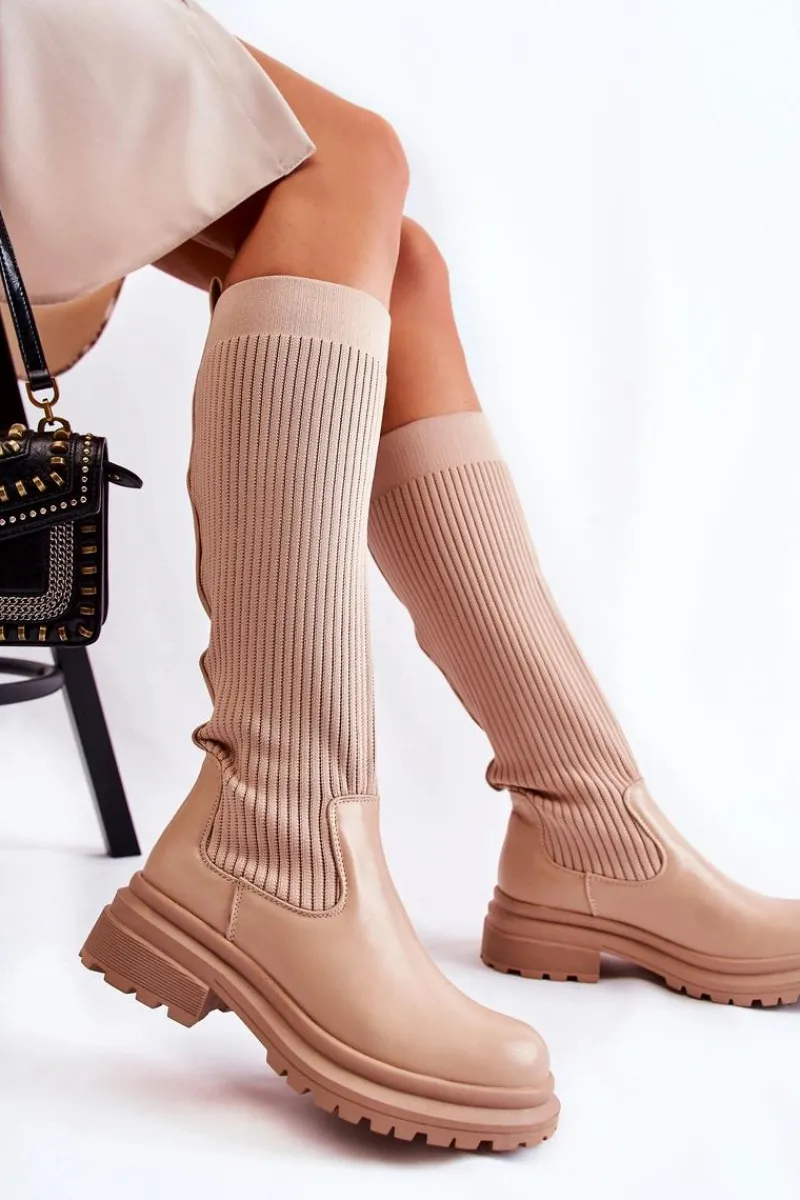 Kozaki Płaskie|Kozaki Przed Kolano>Boto Prążkowane Damskie Kozaki Na Płaskim Obcasie Beżowe Allys