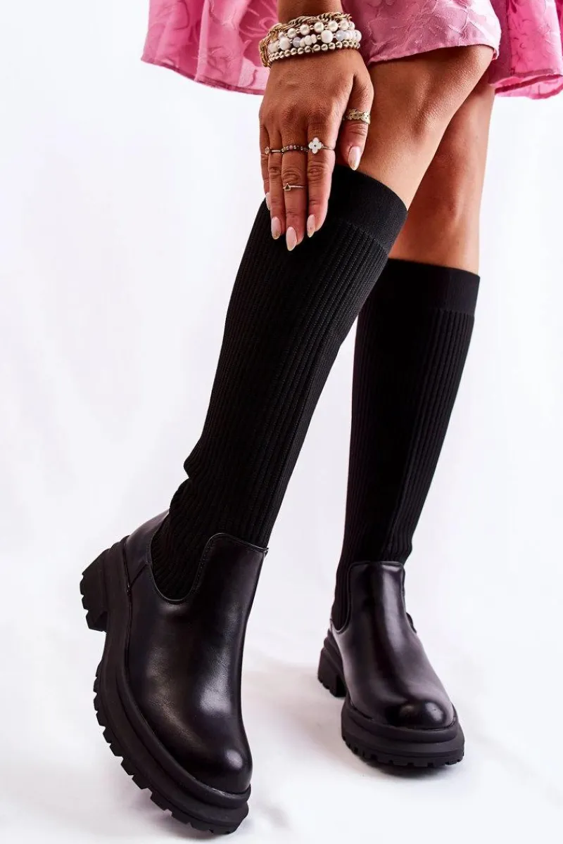 Online Prążkowane Damskie Kozaki Na Płaskim Obcasie Czarne Allys Damskie Kozaki Płaskie|Kozaki Przed Kolano