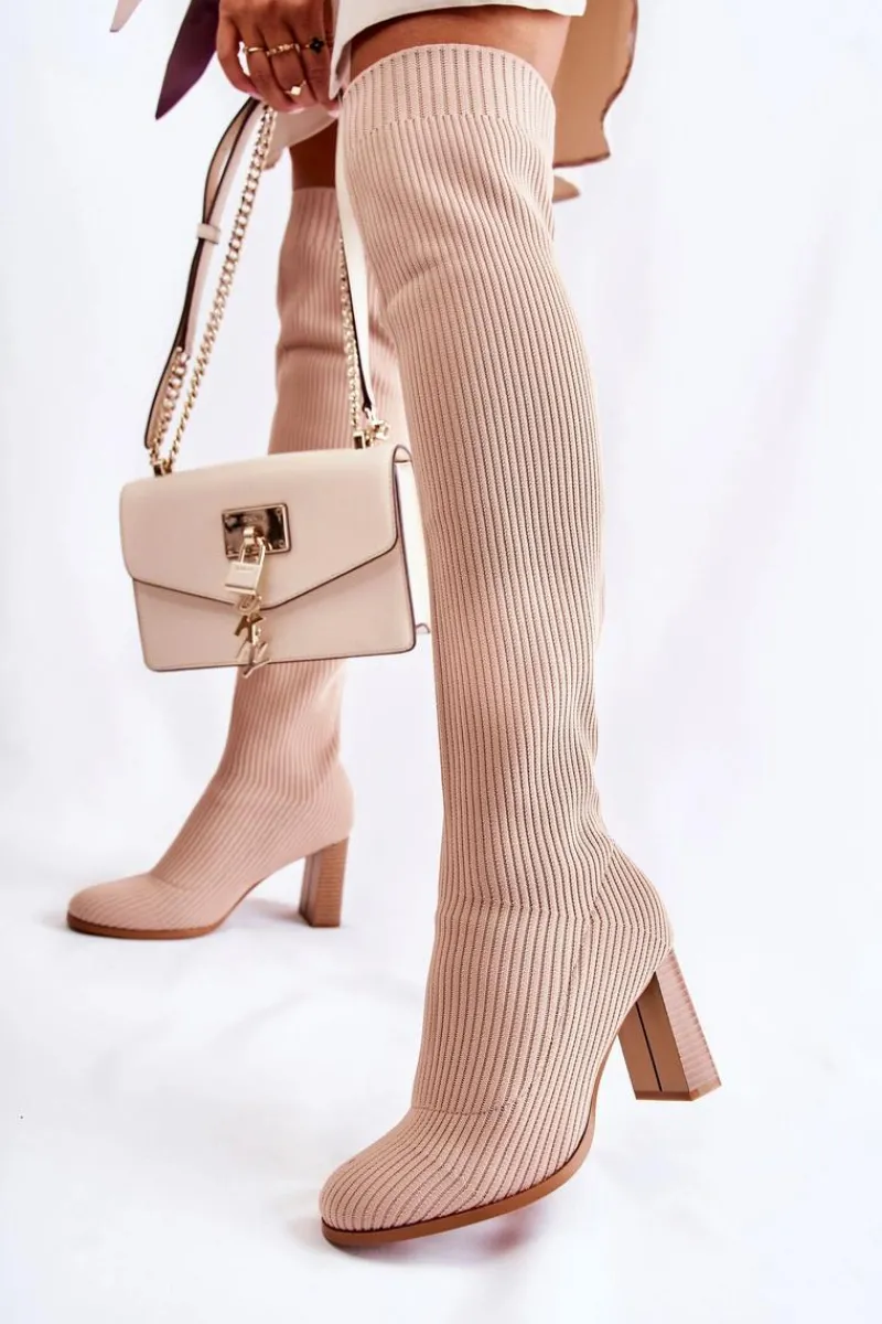 Kozaki Wiosenne|Kozaki Na Obcasie>Boto Prążkowane Klasyczne Kozaki Na Obcasie Beżowe Laossi