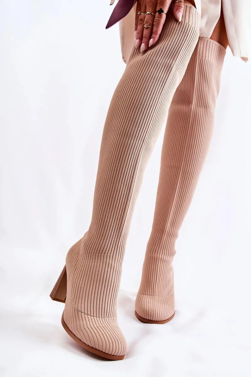 Kozaki Wiosenne|Kozaki Na Obcasie>Boto Prążkowane Klasyczne Kozaki Na Obcasie Beżowe Laossi