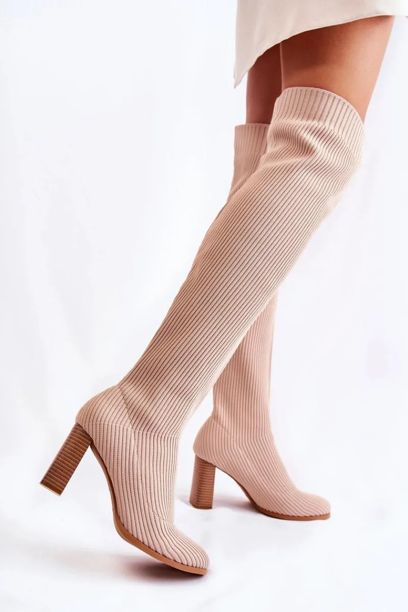 Kozaki Wiosenne|Kozaki Na Obcasie>Boto Prążkowane Klasyczne Kozaki Na Obcasie Beżowe Laossi