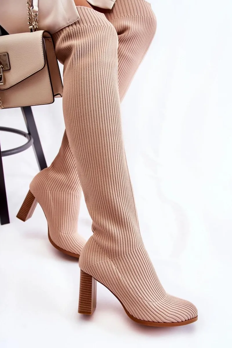 Kozaki Wiosenne|Kozaki Na Obcasie>Boto Prążkowane Klasyczne Kozaki Na Obcasie Beżowe Laossi