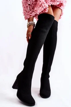 Outlet Boto Prążkowane Klasyczne Kozaki Na Obcasie Czarne Laossi