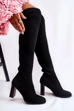 Outlet Boto Prążkowane Klasyczne Kozaki Na Obcasie Czarne Laossi