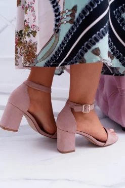 Różowe Damskie Sandały Na Słupku Zamsz NewGenua Damskie Sandały Na Obcasie