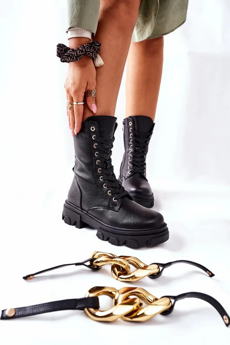 Damskie Trapery|Botki Sznurowane>Damskie buty S.Barski S. Barski Damskie Botki Trapery Czarne Jensen