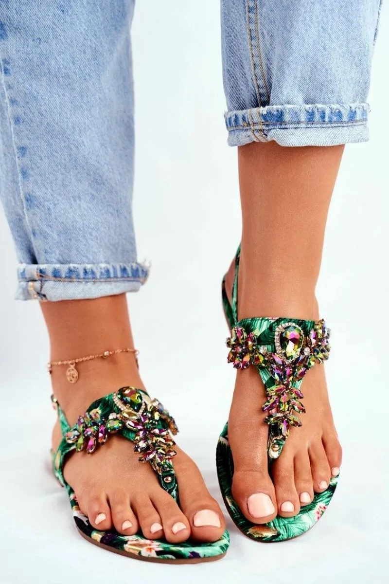 Hot Sandałki Damskie Eleganckie Japonki Kryształki Zielone Under Control Damskie Sandały Płaskie