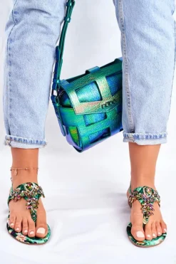 Hot Sandałki Damskie Eleganckie Japonki Kryształki Zielone Under Control Damskie Sandały Płaskie