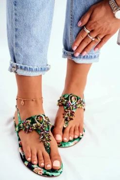 Hot Sandałki Damskie Eleganckie Japonki Kryształki Zielone Under Control Damskie Sandały Płaskie