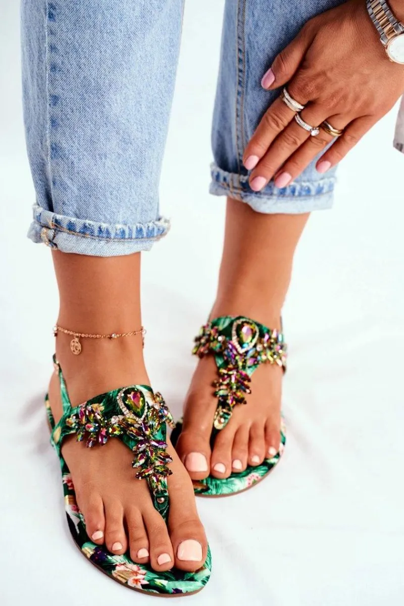 Hot Sandałki Damskie Eleganckie Japonki Kryształki Zielone Under Control Damskie Sandały Płaskie