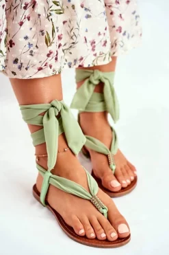 Hot Sandałki Damskie Japonki Wiązane Zielone Derryl Damskie Sandały Płaskie