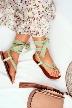 Hot Sandałki Damskie Japonki Wiązane Zielone Derryl Damskie Sandały Płaskie