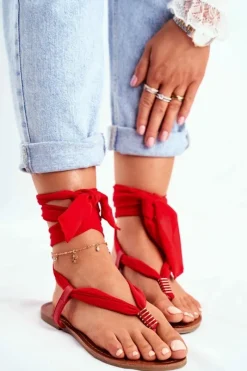 Sandały Płaskie>Boto Sandałki Damskie Japonki Wiązane Czerwone Derryl