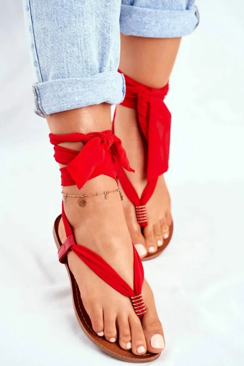 Sandały Płaskie>Boto Sandałki Damskie Japonki Wiązane Czerwone Derryl