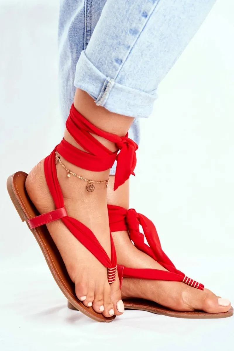 Sandały Płaskie>Boto Sandałki Damskie Japonki Wiązane Czerwone Derryl