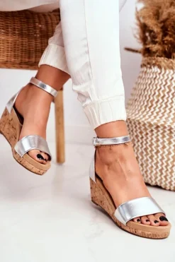 Clearance Boto Sandałki Damskie Na Koturnie Srebrne MarryMe