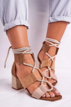 Best Sandałki Damskie Na Słupku Zamszowe Beżowe Beckie Damskie Sandały Na Obcasie