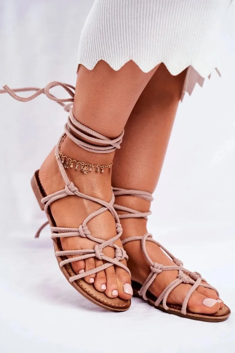 Sandały Płaskie>Boto Sandałki Damskie Wiązane Beżowe Negros