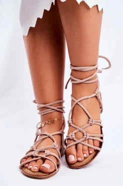 Sandały Płaskie>Boto Sandałki Damskie Wiązane Beżowe Negros