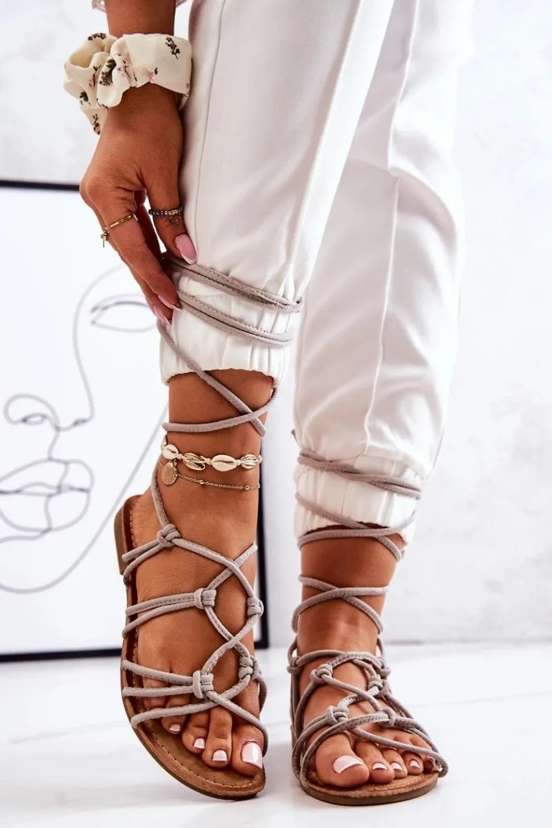 Clearance Sandałki Damskie Wiązane Szare Negros Damskie Sandały Płaskie