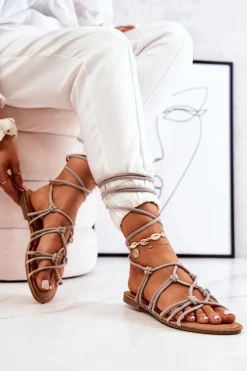 Clearance Sandałki Damskie Wiązane Szare Negros Damskie Sandały Płaskie