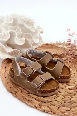 Hot Boto Sandałki Dziecięce Na Korkowej Platformie Zapinane Na Rzep Khaki Rorria Beżowy