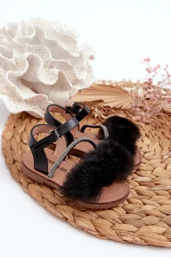 Sale Sandałki Dziecięce Na Rzep Z Futerkiem Czarne Rosavere Dzieci Dziewczęce