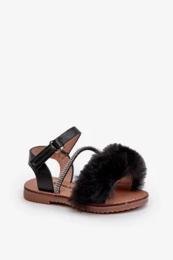 Sale Sandałki Dziecięce Na Rzep Z Futerkiem Czarne Rosavere Dzieci Dziewczęce