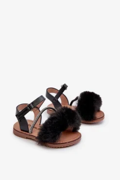 Sale Sandałki Dziecięce Na Rzep Z Futerkiem Czarne Rosavere Dzieci Dziewczęce