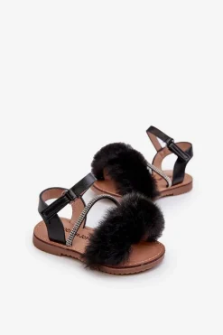 Sale Sandałki Dziecięce Na Rzep Z Futerkiem Czarne Rosavere Dzieci Dziewczęce