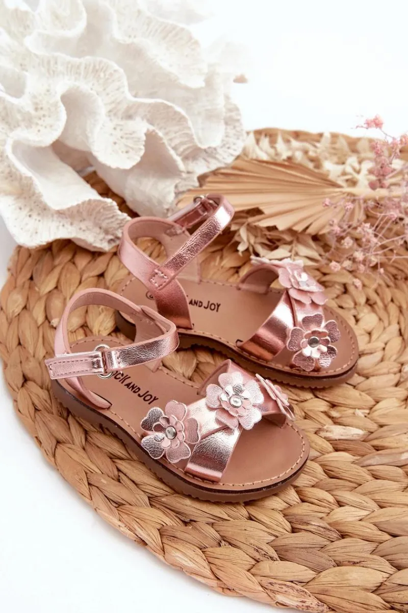 Clearance Boto Sandałki Dziecięce Ozdobione Kwiatkami Zapinane Na Rzep Różowe Fagossa Różowy