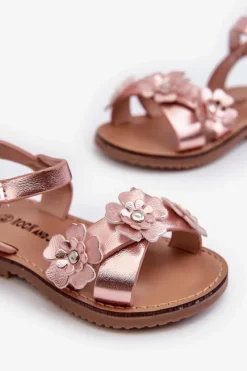 Clearance Boto Sandałki Dziecięce Ozdobione Kwiatkami Zapinane Na Rzep Różowe Fagossa Różowy