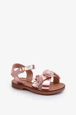 Clearance Boto Sandałki Dziecięce Ozdobione Kwiatkami Zapinane Na Rzep Różowe Fagossa Różowy