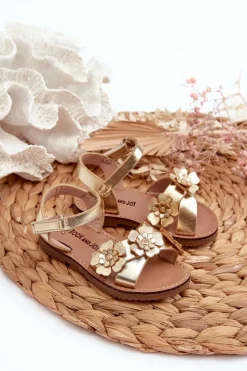 Dziewczęce>Boto Sandałki Dziecięce Ozdobione Kwiatkami Zapinane Na Rzep Złote Fagossa Złoty