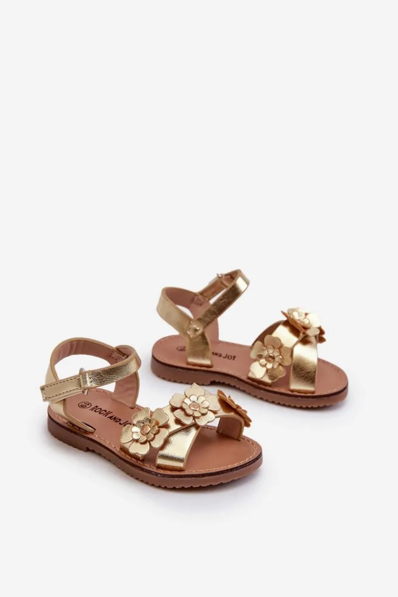 Dziewczęce>Boto Sandałki Dziecięce Ozdobione Kwiatkami Zapinane Na Rzep Złote Fagossa Złoty