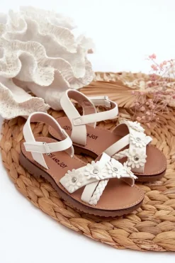 Dziewczęce>Boto Sandałki Dziecięce Zapinane Na Rzep Z Kwiatkami Białe Nestalee