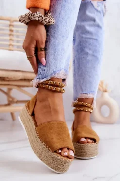 Online Sandałki Espadryle Na Platformie Camel Jeannie Damskie Sandały Na Koturnie|Czarne Espadryle