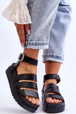 Sandały Płaskie>Boto Sandałki Na Masywnej Platformie Czarne Lisbona